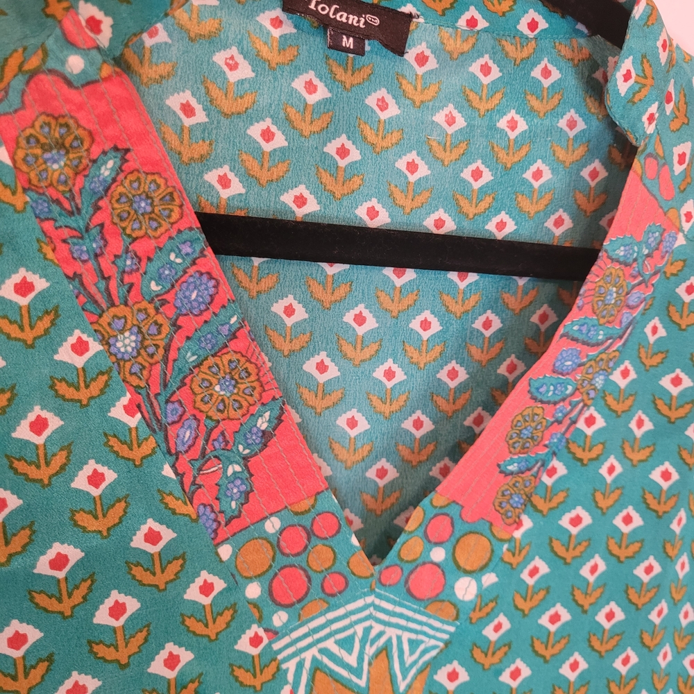 Tolani Nisha Teal and Orange Tunic Dress 100% Silk Sz Medium - Picture 3 of 10